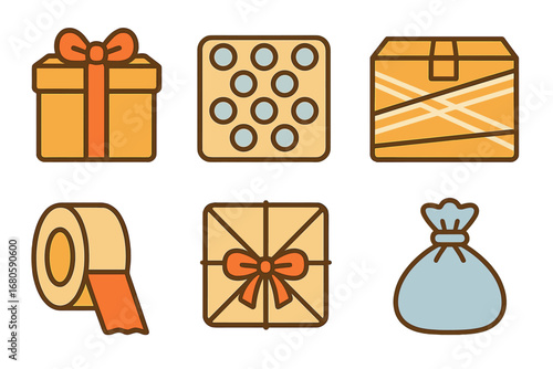 Children's Packaging Icons. Flat vector mini-illustrations tight packaging in colors children's illustrations: tightly wrapped