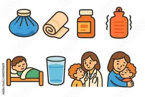 Children's Pain Relief Icons. Flat vector mini-illustrations pain relief methods in colors children's illustrations: ice pack,