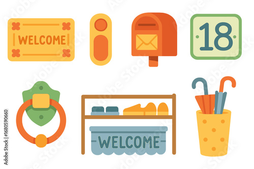 Children's Porch Icons. Flat vector mini-illustrations porch welcome items in colors children's illustrations: welcome mat,