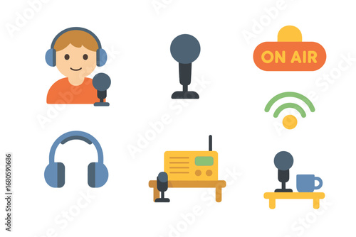 Children's Radio Icons. Flat vector mini-illustrations radio broadcasting in colors children's illustrations: radio host,