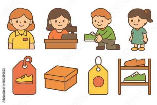 Children's Shoe Store Icons. Flat vector mini-illustrations shoe shop staff in colors children's illustrations: shop assistant,