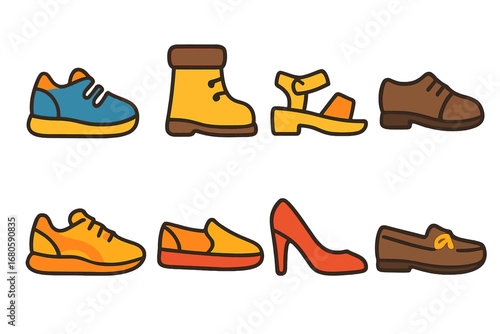Children's Shoe Icons Grid. Flat vector mini-illustrations right shoe in colors children's illustrations: sneaker right shoe, boot