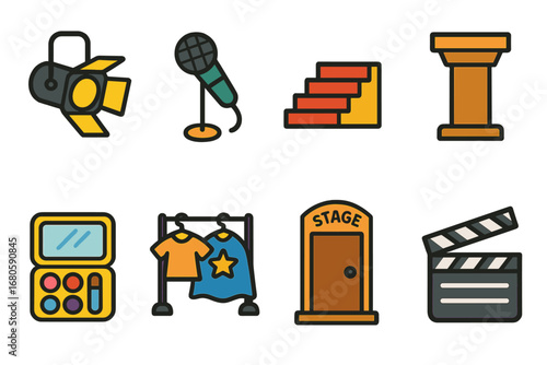 Children's Stage Props Icons. Flat vector mini-illustrations stage props in colors children's illustrations: spotlight, microphone