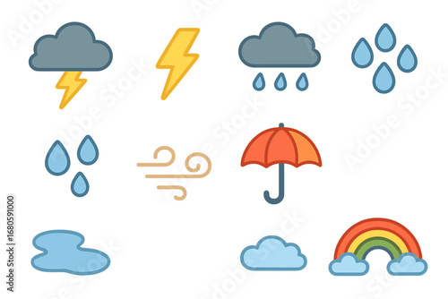 Children's Weather Icons. Flat vector mini-illustrations bad news and weather in colors children's illustrations: thunderstorm,