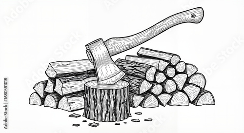 Axe and chopped firewood in black and white hand-drawn illustration