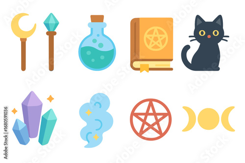 Children's Witchcraft Icons. Flat vector mini-illustrations witchcraft coven in colors children's illustrations: magical staffs,