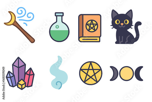 Children's Witchcraft Icons. Flat vector mini-illustrations witchcraft coven in colors children's illustrations: magical staffs,