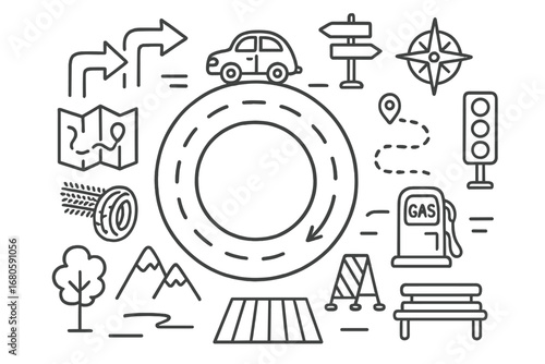 Circular Road Doodle. Hand-drawn doodle illustration loop road circular road, car, arrows, map, signpost, tire tracks, compass,