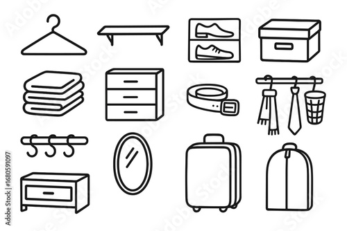 Closet Organization Doodles. Hand-drawn doodle illustration Closet organization hanger, shelf, shoe rack, storage box, folded