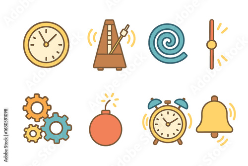 Clockwork Miniatures. Flat vector mini-illustrations ticking sound in colors children's illustrations: clock tick marks, metronome