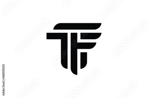 A stylized black and white logo featuring the letters t and f in a modern design