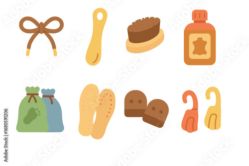 Cobbler Tools Icons. Flat vector mini-illustrations cobbler accessories in colors children's illustrations: shoelaces, shoehorn,