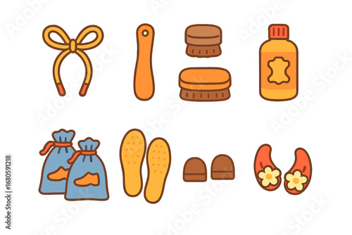 Cobbler Tools Icons. Flat vector mini-illustrations cobbler accessories in colors children's illustrations: shoelaces, shoehorn,