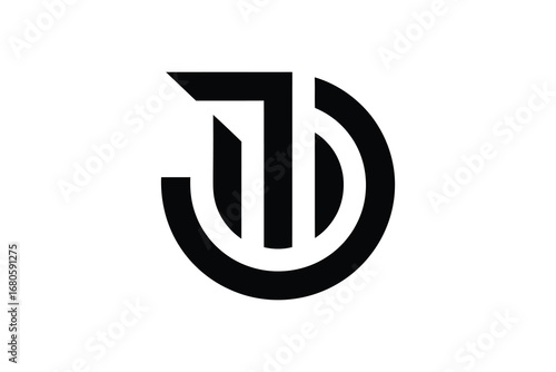 A black and white logo featuring stylized letters j and d in a circular design