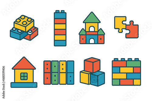 Colorful Brick Toys. Flat vector mini-illustrations brick games and toys in colors children's illustrations: building blocks,