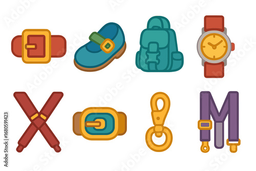 Colorful Buckle Illustrations. Flat vector mini-illustrations buckle in colors children's illustrations: belt buckle, shoe buckle,