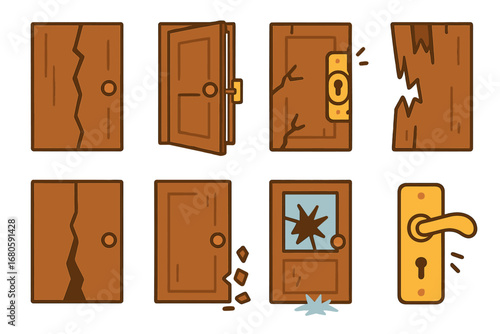 Colorful Broken Door Icons. Flat vector mini-illustrations broken doors in colors children's illustrations: cracked door, broken