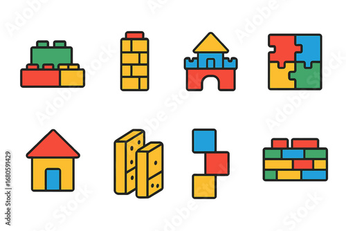 Colorful Brick Toys. Flat vector mini-illustrations brick games and toys in colors children's illustrations: building blocks,