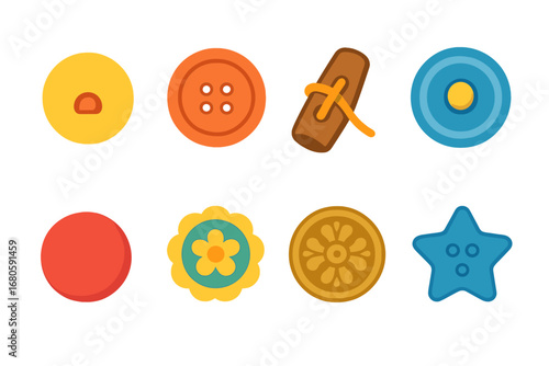 Colorful Button Grid. Flat vector mini-illustrations button types in colors children's illustrations: shank button, flat button,