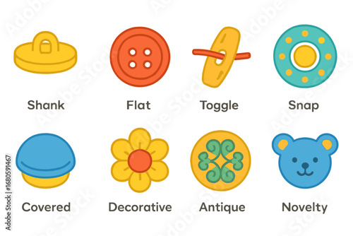 Colorful Button Grid. Flat vector mini-illustrations button types in colors children's illustrations: shank button, flat button,