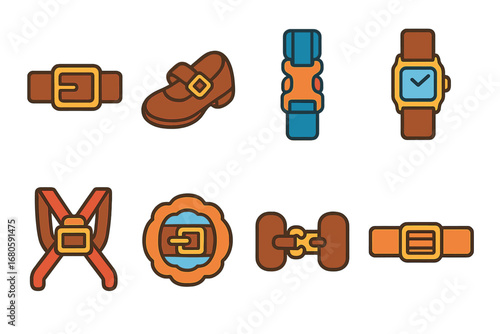 Colorful Buckle Illustrations. Flat vector mini-illustrations buckle in colors children's illustrations: belt buckle, shoe buckle,