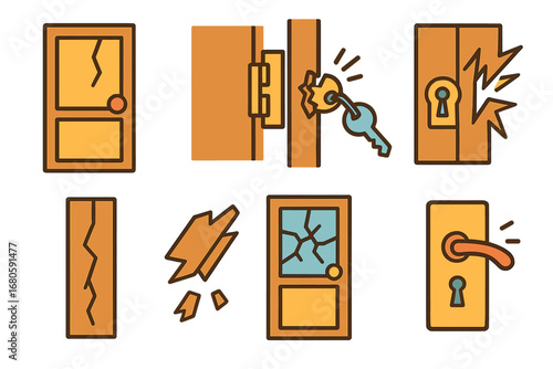Colorful Broken Door Icons. Flat vector mini-illustrations broken doors in colors children's illustrations: cracked door, broken