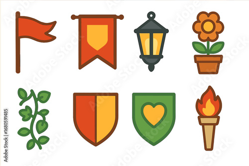 Colorful Castle Icons. Flat vector mini-illustrations battlements decorations in colors children's illustrations: flags, banners,
