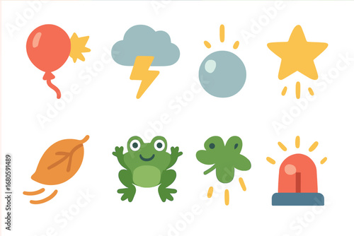 Colorful Children's Surprises. Flat vector mini-illustrations unexpected events in colors children's illustrations: popping