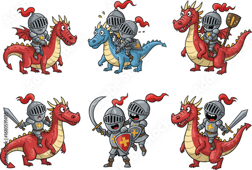 Cartoon knights riding colorful dragons with swords and shields, medieval fantasy warriors illustration, fun adventure artwork for kids and games
