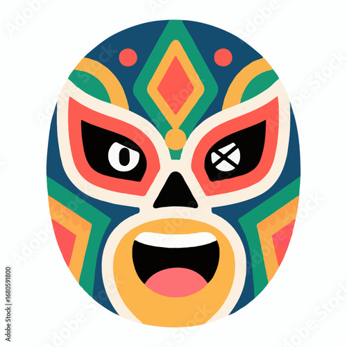 Colorful vector illustration of a traditional Mexican luchador mask with a fierce expression and geometric patterns