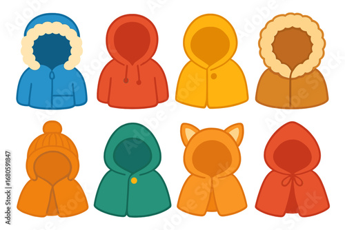 Colorful Hood Icons. Flat vector mini-illustrations cozy hoods in colors children's illustrations: winter parka hood, fleece
