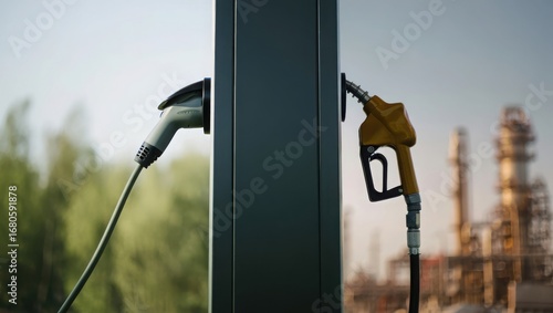 Electric Vehicle Charger Connected and Gasoline Nozzle Side by Side at Industrial Refinery