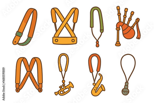 Colorful Instrument Straps. Flat vector mini-illustrations musical instrument straps in colors children's illustrations: guitar