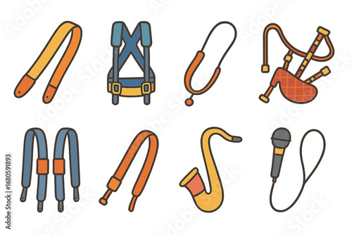 Colorful Instrument Straps. Flat vector mini-illustrations musical instrument straps in colors children's illustrations: guitar