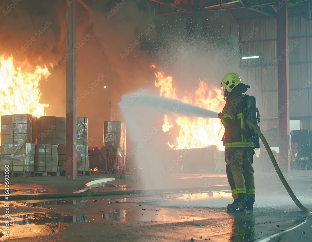 Obraz premium Firefighter battling a warehouse blaze