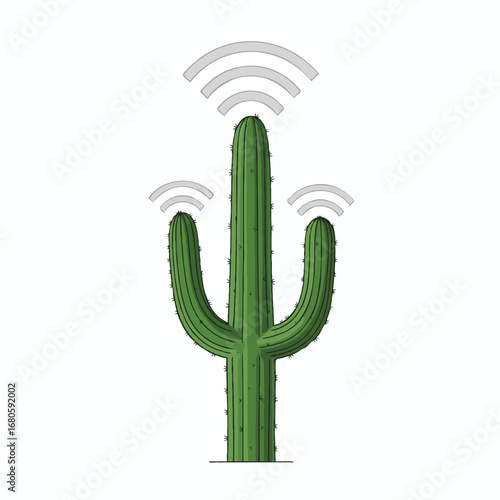 Cactus with Wi-Fi signal waves, a symbol of desert connectivity and communication technology concept illustration