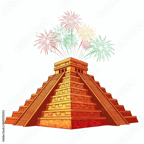 Celebratory fireworks burst over ancient Mayan pyramid during a festive occasion