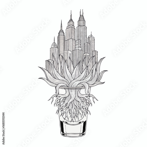 Creative urban landscape illustration where a city skyline grows from a plant's roots in a glass