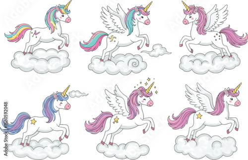 Cute unicorns with wings flying on fluffy clouds, rainbow mane magical horses, fairytale fantasy cartoon illustration for children and kids
