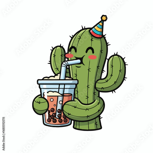 Whimsical cartoon cactus sips refreshing bubble tea, wearing a festive party hat, embodying a cheerful spirit for fun celebrations