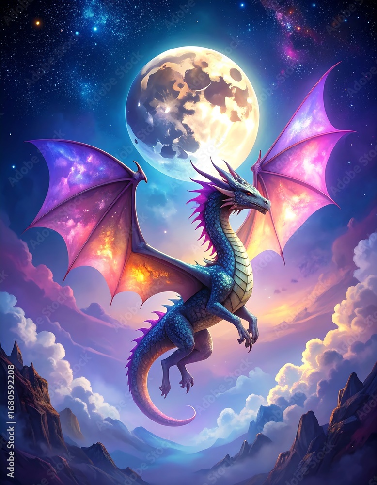 Fototapeta premium Dragon in night sky, cosmic wings