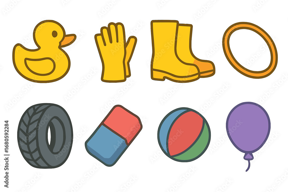 Fototapeta premium Colorful Rubber Icons. Flat vector mini-illustrations rubber in colors children's illustrations: rubber duck, rubber gloves,