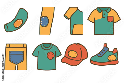 Colorful Patch Icons. Flat vector mini-illustrations patch locations in colors children's illustrations: elbow patch, knee patch,
