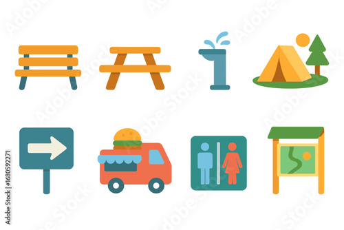 Colorful Rest Stop Icons. Flat vector mini-illustrations journey rest stops in colors children's illustrations: bench, picnic