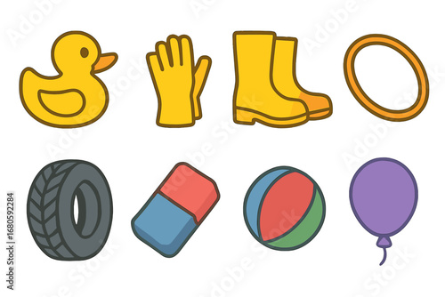 Wallpaper Mural Colorful Rubber Icons. Flat vector mini-illustrations rubber in colors children's illustrations: rubber duck, rubber gloves, Torontodigital.ca