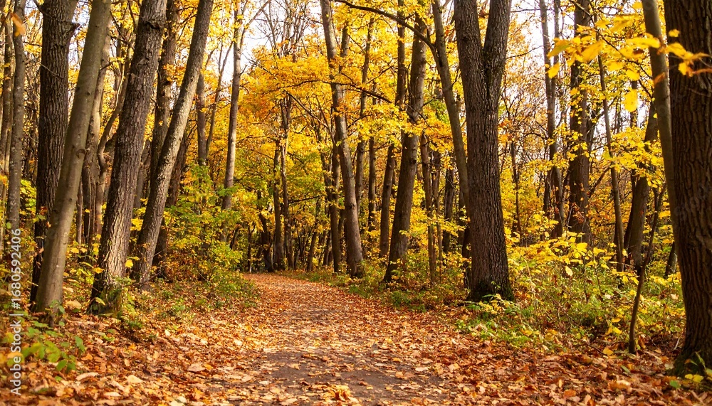 Fototapeta premium Autumn forest path with falling leaves, seasonal connection