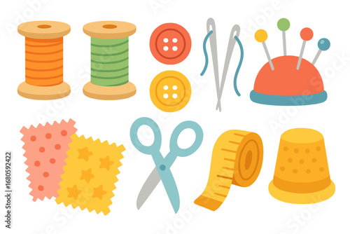 Colorful Sewing Supplies. Flat vector mini-illustrations sewing supplies in colors children's illustrations: thread spools,