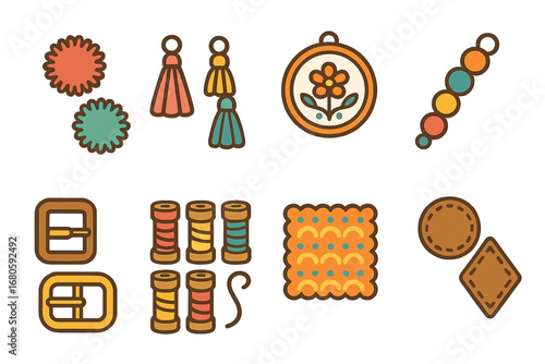 Colorful Shoe Care Icons. Flat vector mini-illustrations decorative elements in colors children's illustrations: pom-poms, tassels