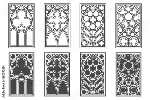 Church windows with arched frames. Cathedral gothic stained glass. Old architecture elements. Medieval castle doors silhouettes on white background. Catholic interior decoration. Vector