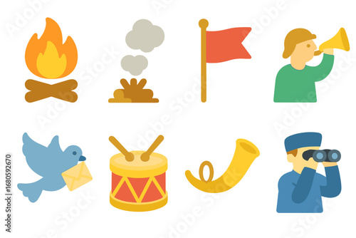 Colorful Signal Icons. Flat vector mini-illustrations rampart signals in colors children's illustrations: signal fires, smoke,